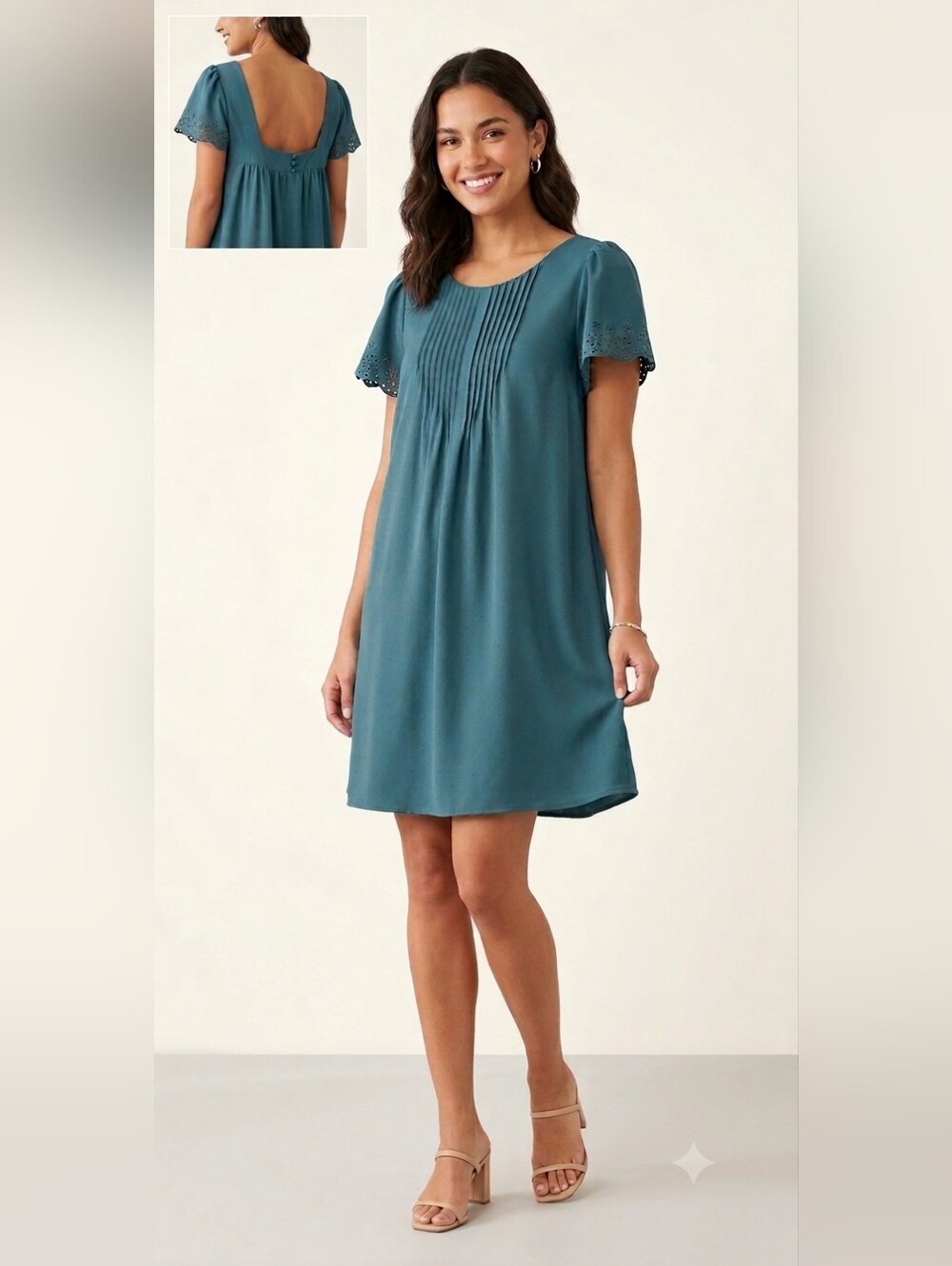 Maison Cinqcent Teal Pleated Eyelet Shift Mini Dress S Festival Boho Cottagecore